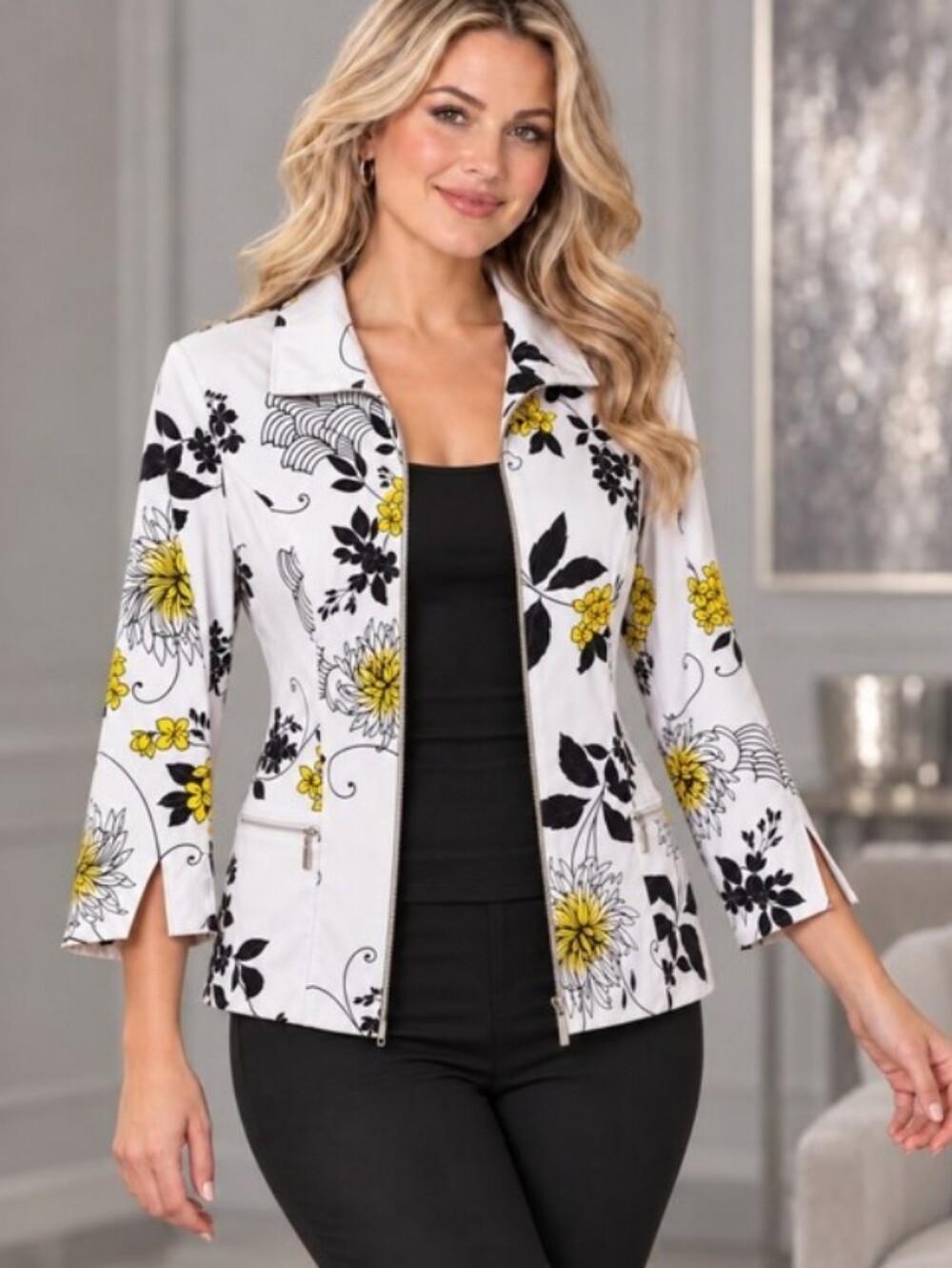Nancy Bolen City Girl Floral Zip-Front Jacket White with Yellow & Black Accents
